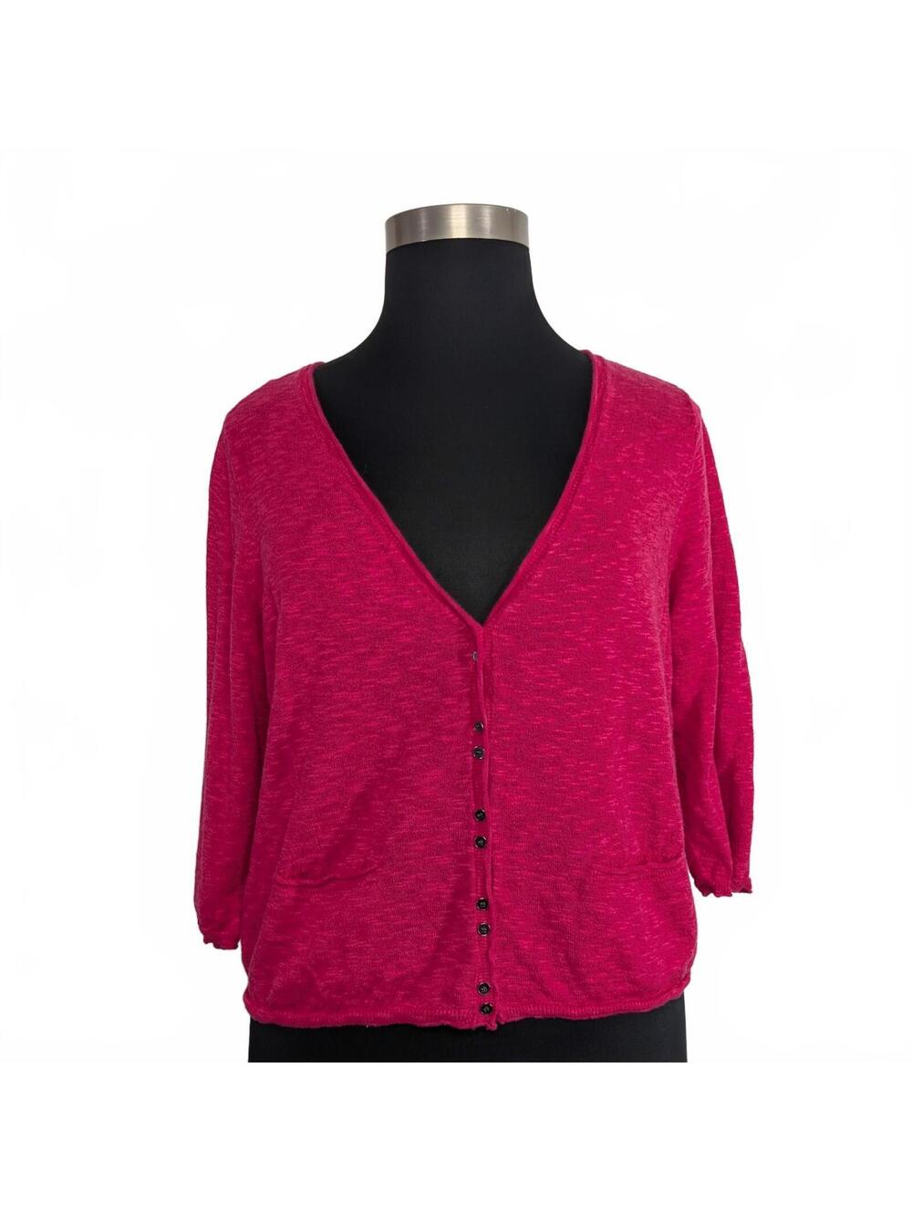 Eileen Fisher 1X Hot Pink Cropped Cardigan Linen Blend Boho Cottagecore Coastal